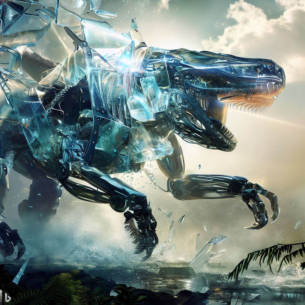 futuristic dinosaur mech with glass body, fighting, shatter, fauna in foreground, water spray, detailed smoke and clouds, lens flare, realistic, h.r. giger style 1.jpg